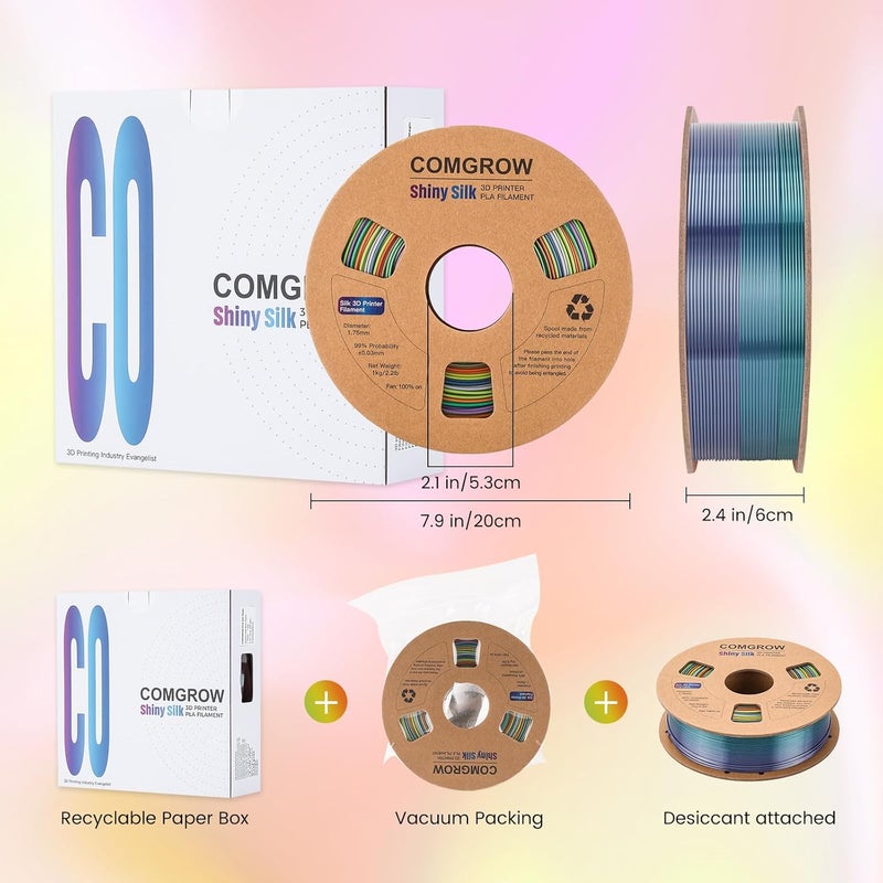 Comgrow Rainbow Colors Silk PLA 3D Printer Filament, PLA Filament 1.75mm, Dimensional Accuracy +/- 0.02 mm, 1KG Spool, Coextrusion 3D Filament with Shiny Silk Rainbow Yellow - Image 4